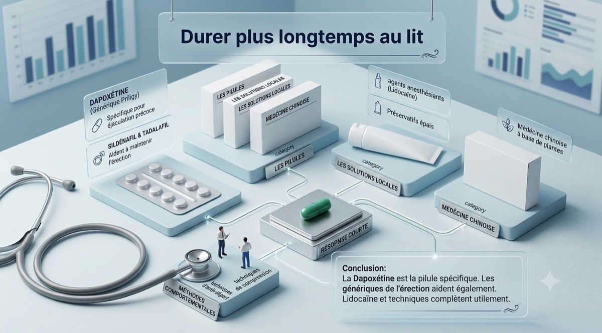 Comparatif visuel des traitements pour retarder l’éjaculation : dapoxétine, génériques de l’érection, solutions locales et méthodes comportementales