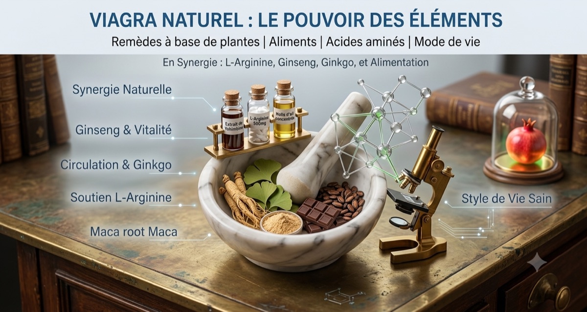 Mortier contenant ginseng, ginkgo, maca et chocolat noir, entouré de flacons de yohimbine, L-arginine et huile d’ail
